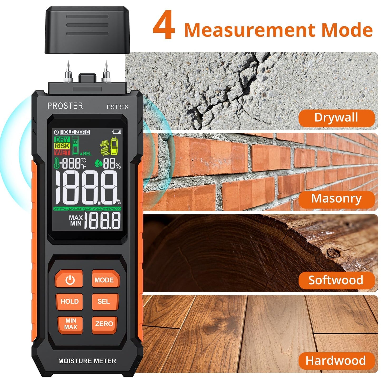 Proster Moisture Meter 2 in 1 Pin & Pinless Moisture Tester Digital LCD Display Dampness Detector for Wood Drywall Masonry Building Materials, Water Leak Detector for Home Inspection, DIY Woodworking