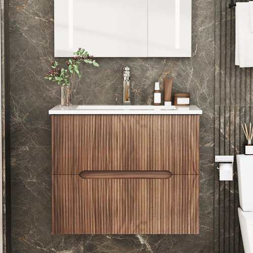 24'' Floating Bathroom Vanity Set, Wall Mounted Bathroom Cabinet with Ceramic Sink, 2 Fluted Drawers & Hidden Handles(Natural)