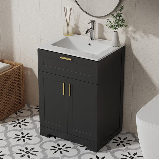 Ayiseedmid 24 Inch Bathroom Vanity with Ceramic Sink, Wooden Cabinet with Undermount Sink, Bathroom Storage Vanity with Sink-Combo Set, 2 Doors, Faucet, 1 Drawer (Black, 24")