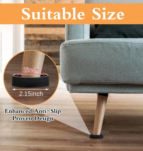 Non Slip Couch Feet Pads 4 Pack - 2 Inch Round Rubber Pads for Hardwood Floors, Heavy Duty Anti-Slide Protectors for Bed/Couch/Chair Feet (Black)