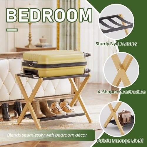 vovala Luggage Rack, Folding Suitcase Stand with Storage Shelf, Premium Bamboo Luggage Holder for Guest Room, Bedroom, Hotel, Closet, Holds up to 135 lb (Natural)