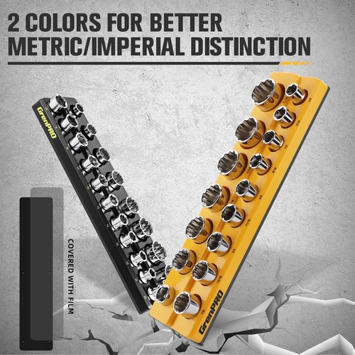 Socket Organizer for Tool Box Drawer, GRENPRO 6pc 143 Metric & SAE Magnetic Socket Holder, 1/4", 3/8", 1/2" Drive Socket Tray Set, Magnetic Socket Organizer