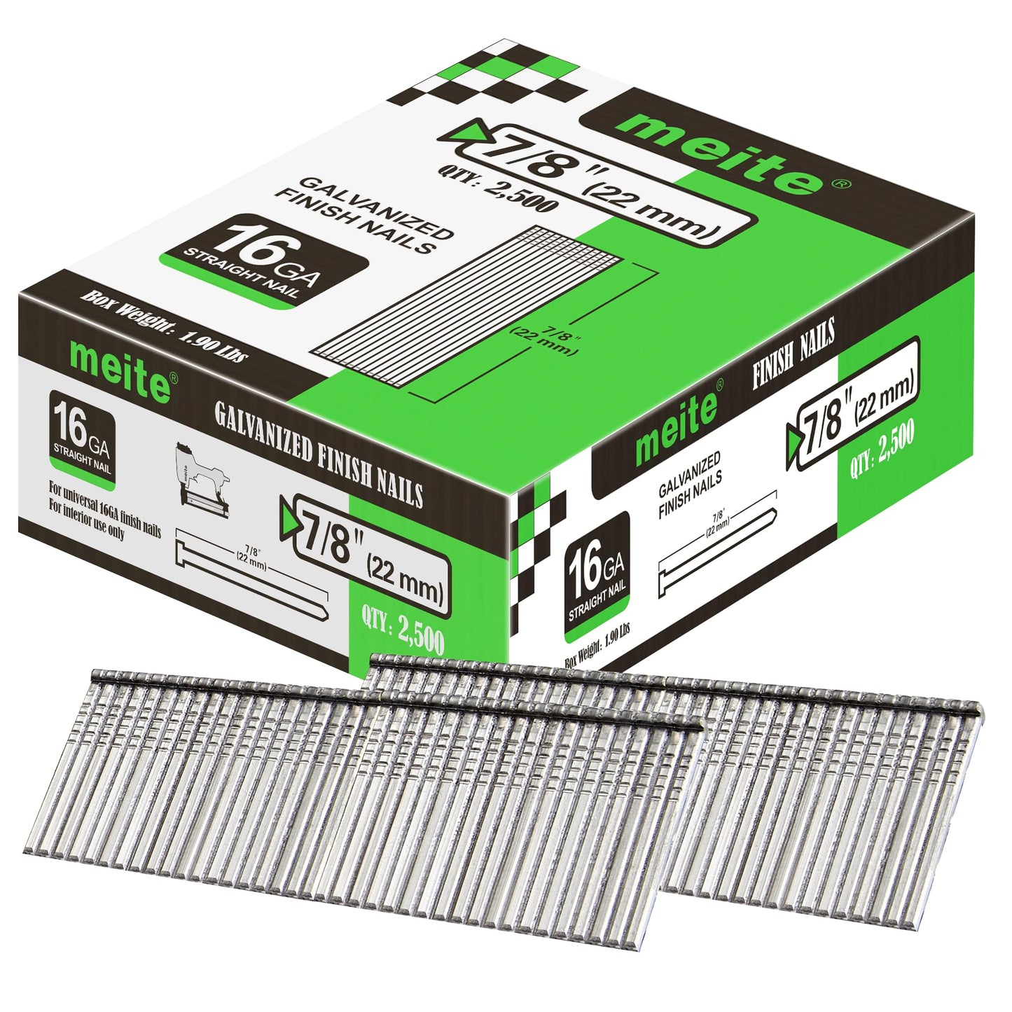 meite 16 Gauge Finish Nails 7/8 Inch Galvanized 16GA Straight Finishing Nails for Finish Nailer for Window Casing Baseboard Crown Molding, 5 Boxes/12,500PCS