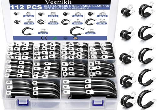 Cable Clamps—112 PCS 10 Sizes-1/4" 5/16" 3/8" 1/2" 5/8" 3/4" 1" 1-1/4" 1-1/2" 1-3/4" Stainless Steel Pipe Clamp Assortment Kit Rubber Cushion Insulated Wire Clamps for Hose,Tube,Automotive,Fuel Line