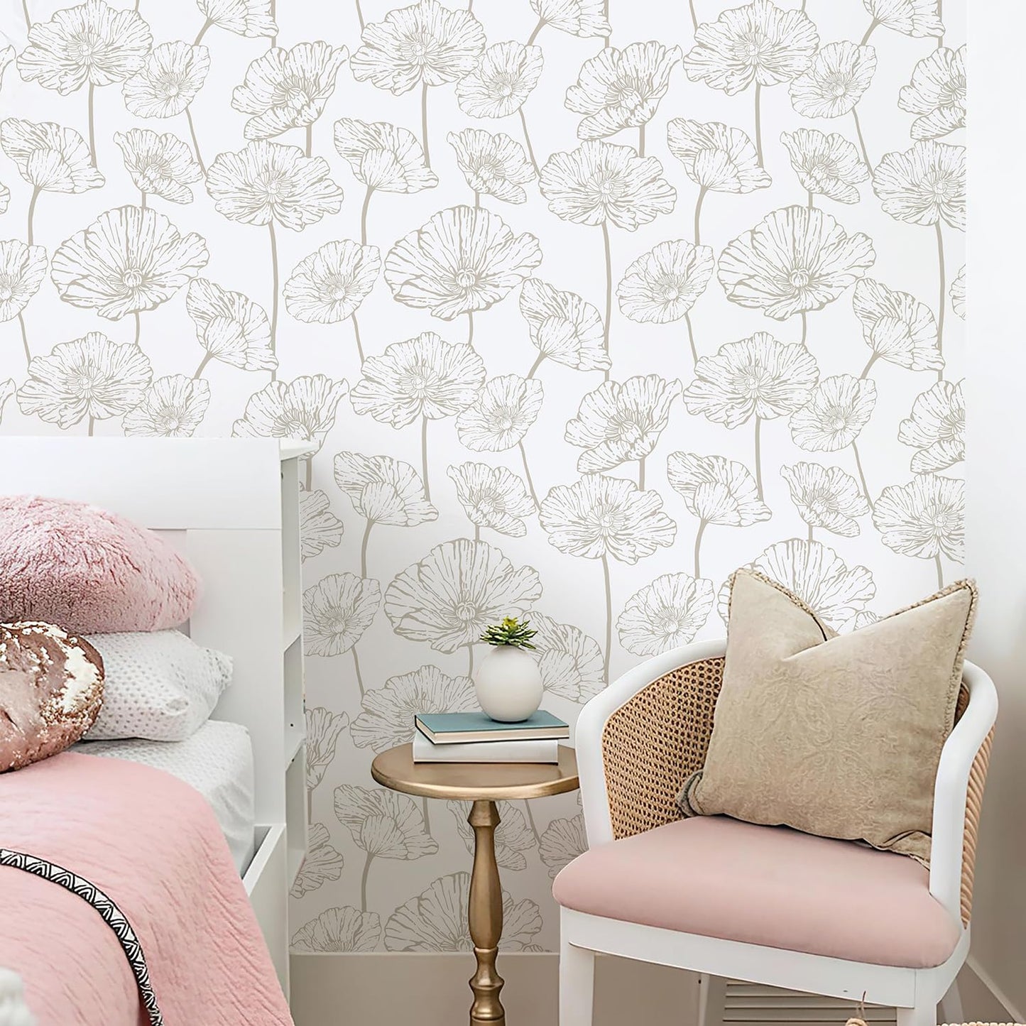 Orainege Peel and Stick Wallpaper Beige and White Floral Wallpaper 17.3inx118.1in Self Adhesive Contact Paper Removable Decorative Wall Paper for Bedroom Bathroom Cabinets Decor Vinyl