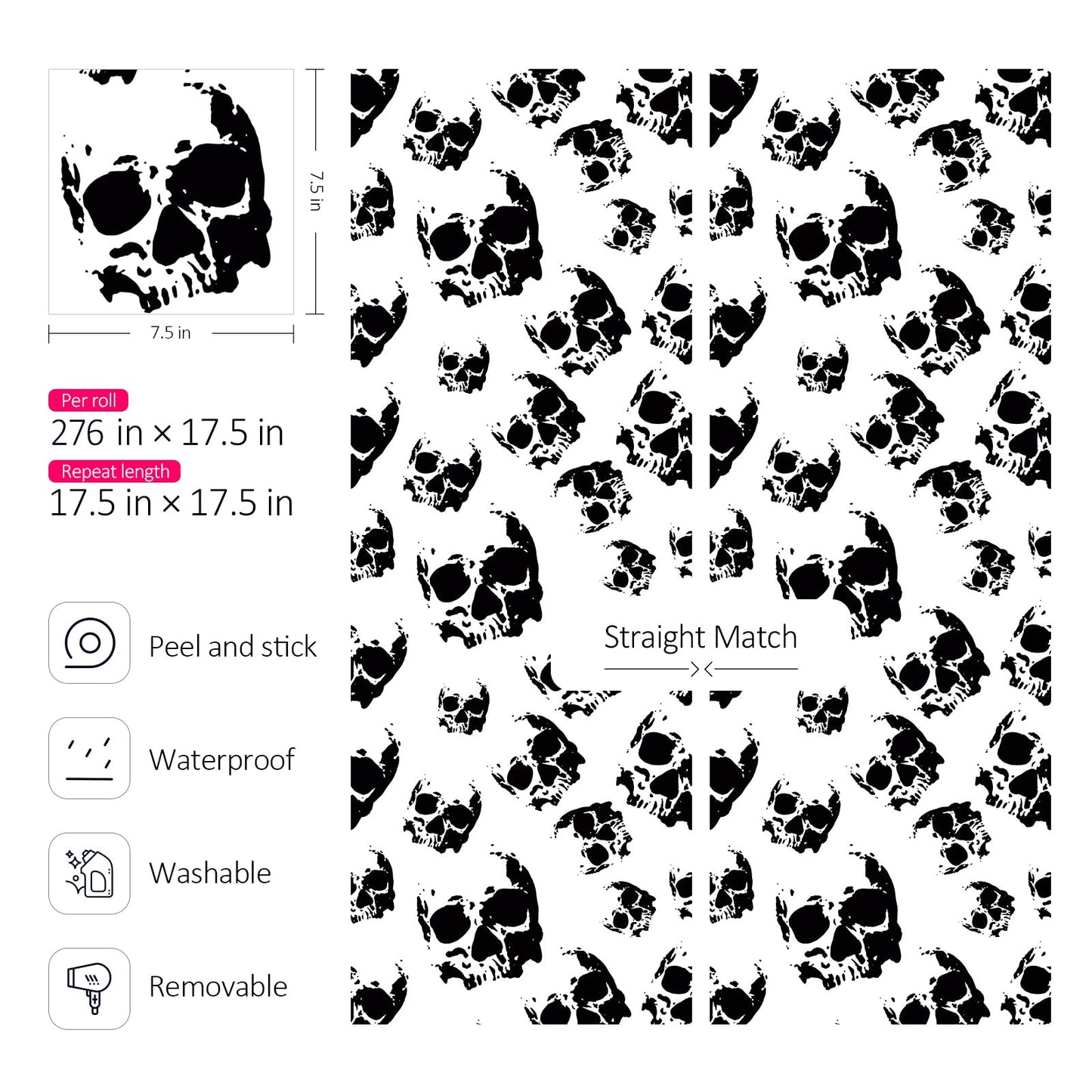ReWallpaper 17.5in×23ft Black Skull Peel and Stick Wallpaper Self Adhesive Gothic Removable Wallpaper Black and White Skulls Contact Paper for Cabinets Bedroom Scary Halloween Wall Decor Vinyl Sticker