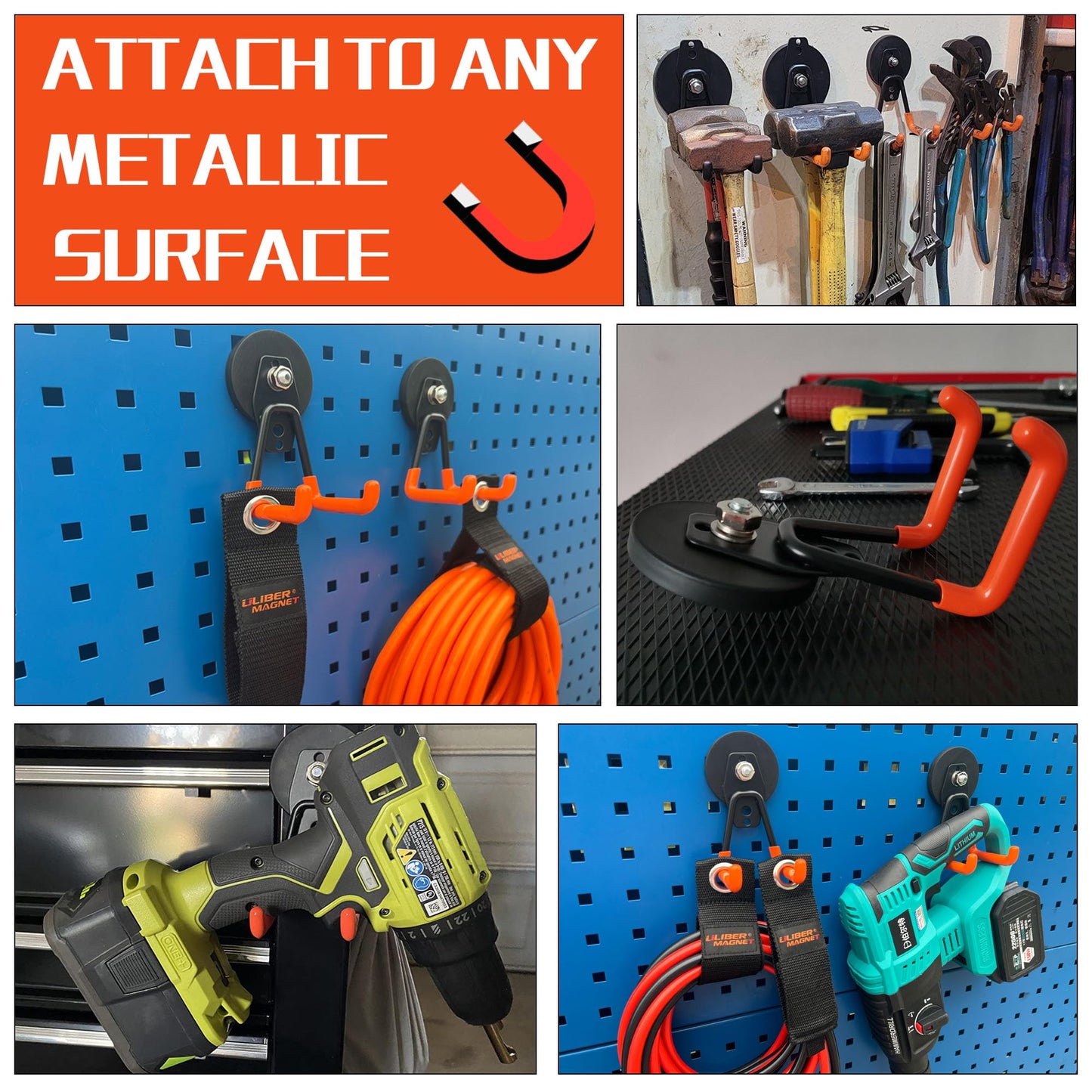 ULIBERMAGNET Heavy Duty Magnetic Garage Hooks,Strong Large Magnet Hooks for Power Drill,Garden Tools,Hose,Pegboard,Garage, Workshop,2 Pack Magnetic Storage Holder for Indoor Outdoor Hanging(Orange)