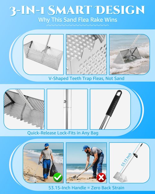 Sand Flea Rake 16" Wide - Detachable 54" Handle with Shark Tooth Screen - Stainless Steel Beach Rake for Fishing Bait, Shelling, Yard Cleaning - Saltwater Rust Proof & Portable