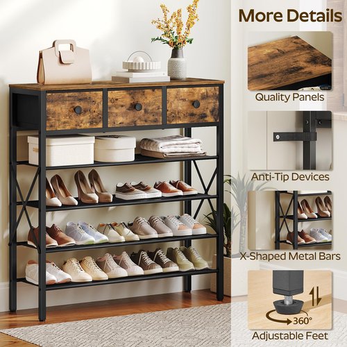 YATINEY 5-Tier Shoe Rack with 3 Drawers, Metal Shoe Organizer for 20 Pairs with Storage Shelves and Wooden Top, for Entryway, Hallway, Foyer, Closet, Rustic Brown and Black SS35BR