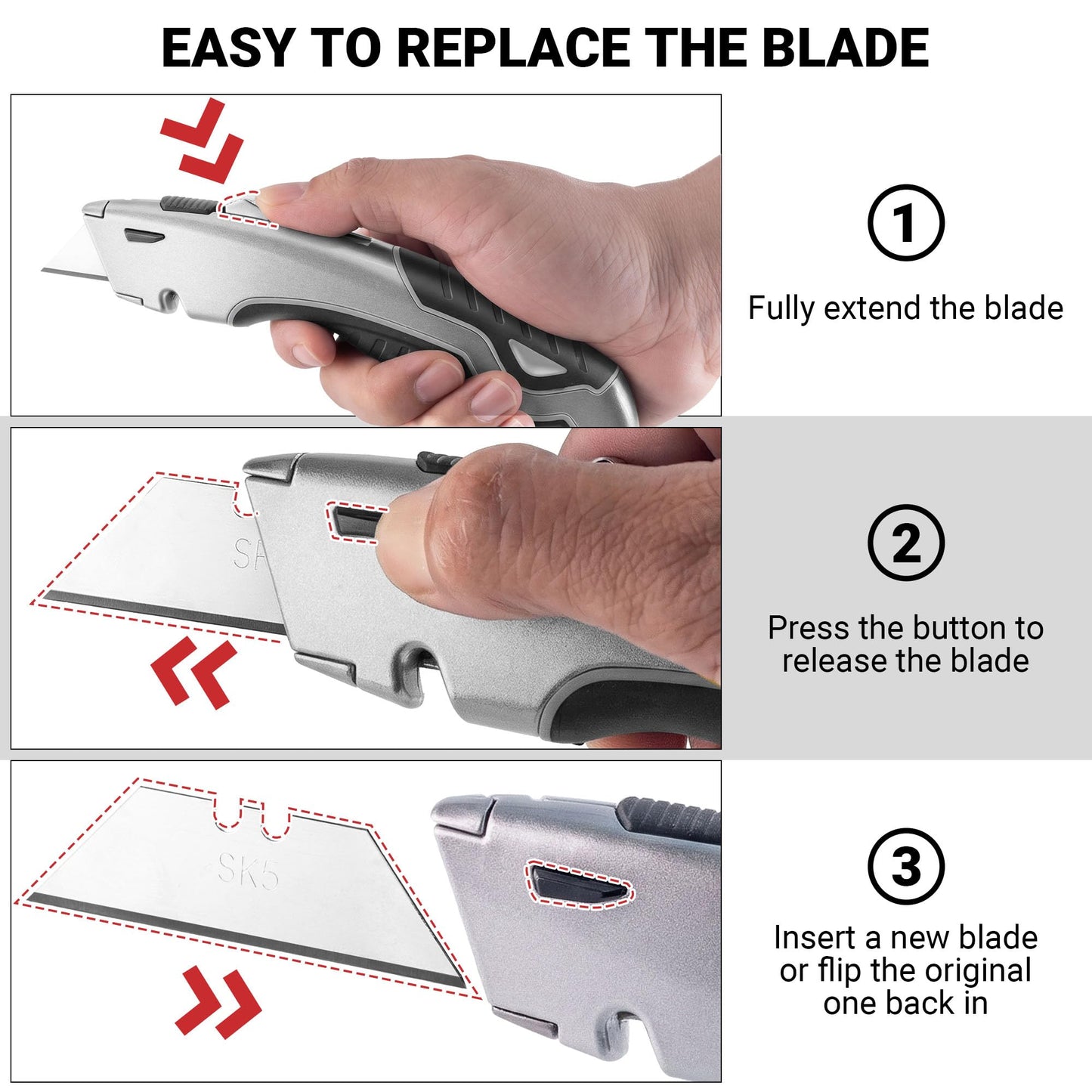 Box Cutter Retractable with Built-In Blade Storage & Wire Stripper, Heavy-Duty Utility Knife safety, Metal Alloy Body, Ergonomic Non-Slip Rubber Grip, Quick Change Blade Razor Knife (Matte Gray)