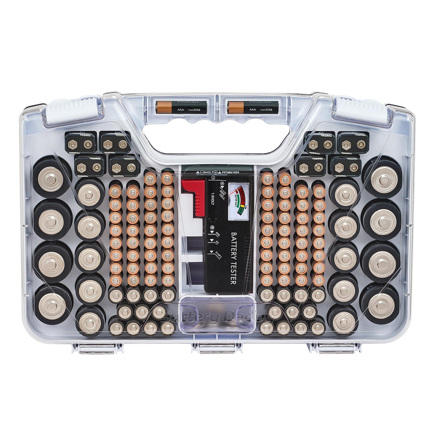 Battery Daddy Storage & Organizer Case with Tester, Stores & Protects Up to 180 Batteries, Double-Sided, Clear Locking Lid, Secure Latches & Portable Carrying Handle - White (Batteries Not Included)