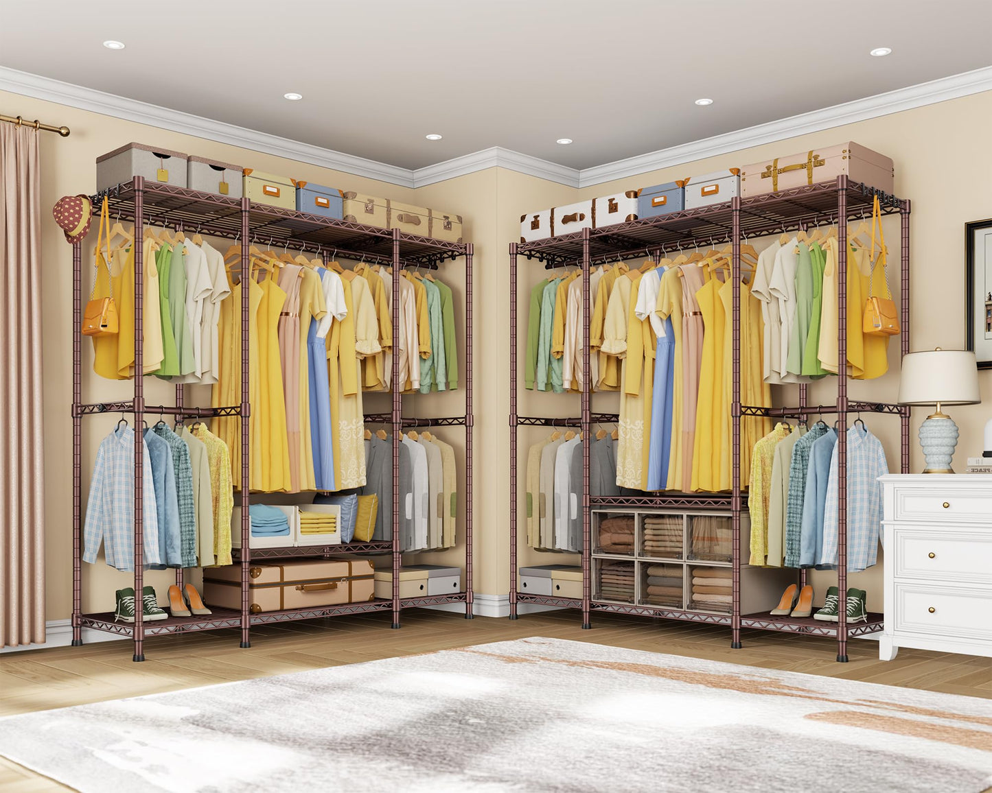 Ulif E3 Heavy Duty Garment Rack, 4 Tiers Freestanding Closet Organizer System with 5 Shelves, Metal Closet Organizer and Storage System for Clothes, Max Load 850lbs, 58.4"W x 15.7"D x 77.3"H, Bronze
