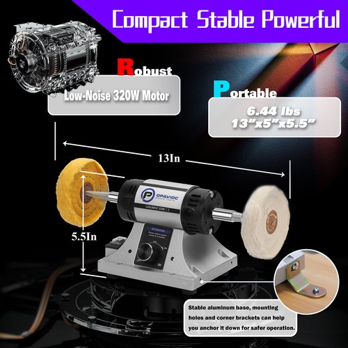 OPAVIOC Jewelry Polisher - Adjustable Variable Speed Bench Grinder Polishing & Buffing Machine, Dental Buffer & Lathe - Includes 6 Cloth Wheels, 2 Abrasive Fiber Wheels, Safety Glass, Polish Compound