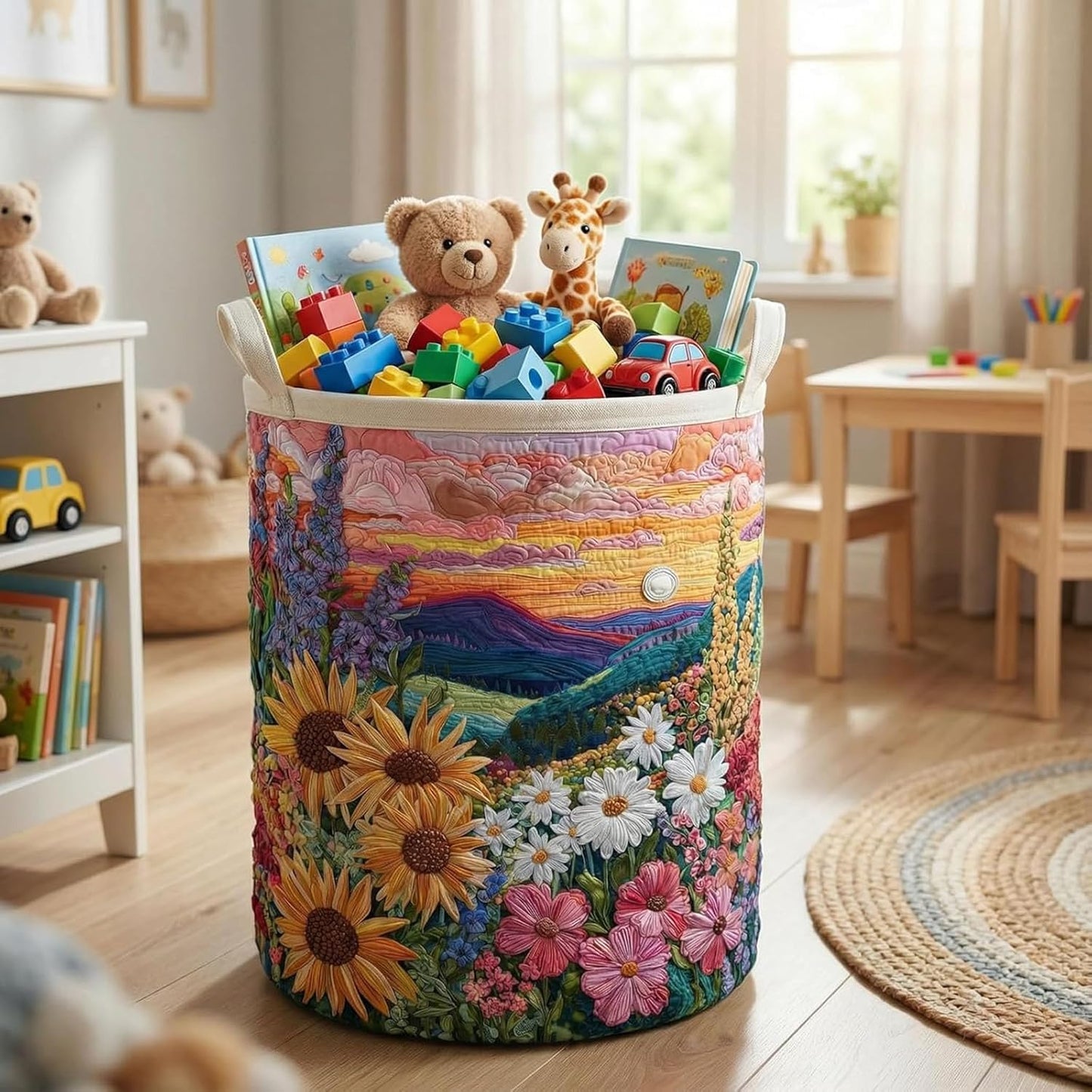 Quilted Laundry Basket With Handles,boho fabric storage basket,multi-functional clothes storage basket，Lightweight and foldable design (Style B, S：14in*18in)