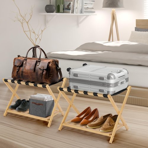 Lynxor 2-Pack Folding Luggage Racks, Foldable Bamboo Suitcase Stand with Storage Shelf, Luggage Holder with 6 Nylon Straps for Hotel Guest Room Bedroom, Nature 2Pcs