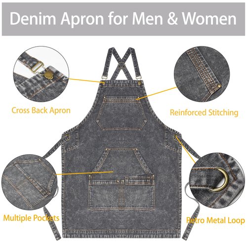 Beitiny Denim Apron with Pockets, Cross Back Apron for Men Women, Jean Work Aprons for Hairstylist Barber Grilling Gardening, Adjustable S to L