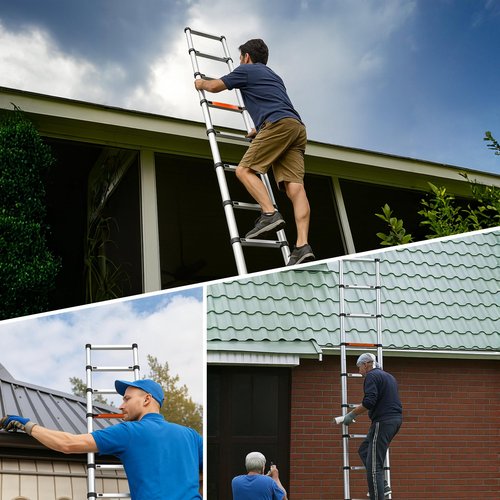 ICARRY Telescoping Ladder 10.8 FT Aluminum One-Button Retraction Collapsible Ladder, Soft Close Design Multi-Purpose Ladder w/Non-Slip Foldable Feet for RV, Household, Outdoor, 250lb Capacity