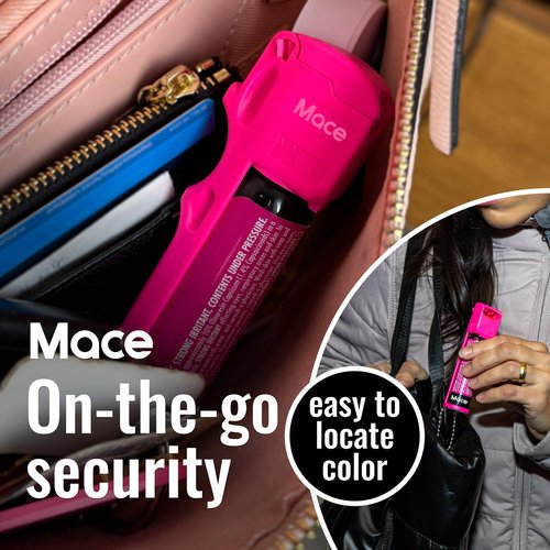 Mace Brand Self Defense Mace Pepper Spray, 12' Spray Stream, 10% OC Pepper Spray with UV Marking Dye, Attention-Grabbing Pink Case, Keychain & Belt-Clip, 18 Grams, 4.25" x 1.25" Personal Size (80347), Hot Pink