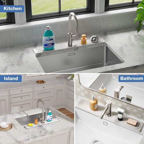 DK177 Faucet Mat for Kitchen Sink - Water Absorbing Stone Tray for Sink, Diatomite Fast-Drying Faucet Mat, Faucet Splash Guard for Bathroom Counter (White, 23.6" x 4")