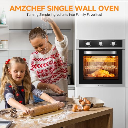 Wall Ovens 24 inch Electric, AMZCHEF 24 inch Wall Oven, 2200w Single Wall Oven with 6 Cooking Modes, 2.5 Cu.Ft. Electric Wall Oven, Convection Oven with Mechanical Knobs Control, Stainless Steel