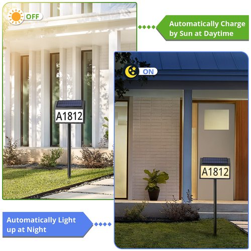 MAXvolador Solar Address Sign Lighted House Numbers Waterproof, Solar Powered LED Illuminated Address Plaques with Stakes, 3-Color in 1 Address Number