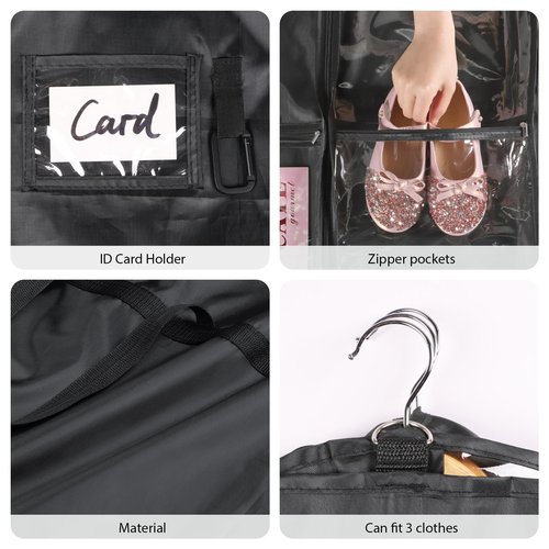 Univivi Dance Costume Garment Bag, 40" Waterproof Hanging Bag for Travel, Kids Clothes Bag With 5 Clear Pockets and Handles for Costumes and Sports, Black