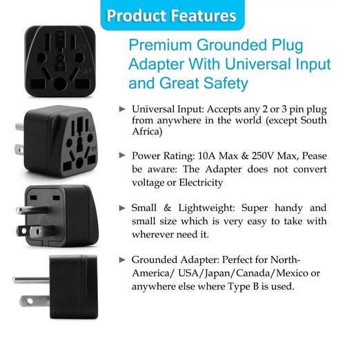 Unidapt US Travel Plug Adapter, EU,AU,UK,NZ,CN to USA (Type B), Grounded 3 Prong USA Wall Plug, EU to US Travel Adaptor Pin Converter, Power Outlet Charger (1-Pack)
