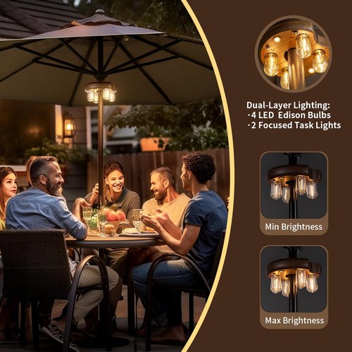 OPOIRA Dark Wood Grain Patio Umbrella Light with Remote Control, Rechargeable Cordless LED Edison Bulbs Pole Light with 10 Brightness Levels for Garden, Patio, Backyard, Camping or BBQ (2 Pack)