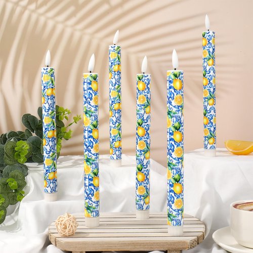 FYSUIMU Lemon Flameless LED Taper Candles Summer Blue Tiles Yellow Lemon Battery Operated Candlesticks Chinoiserie Electric Candle Table Centerpiece for Home Bedroom Dining Room Wedding, 6Pcs