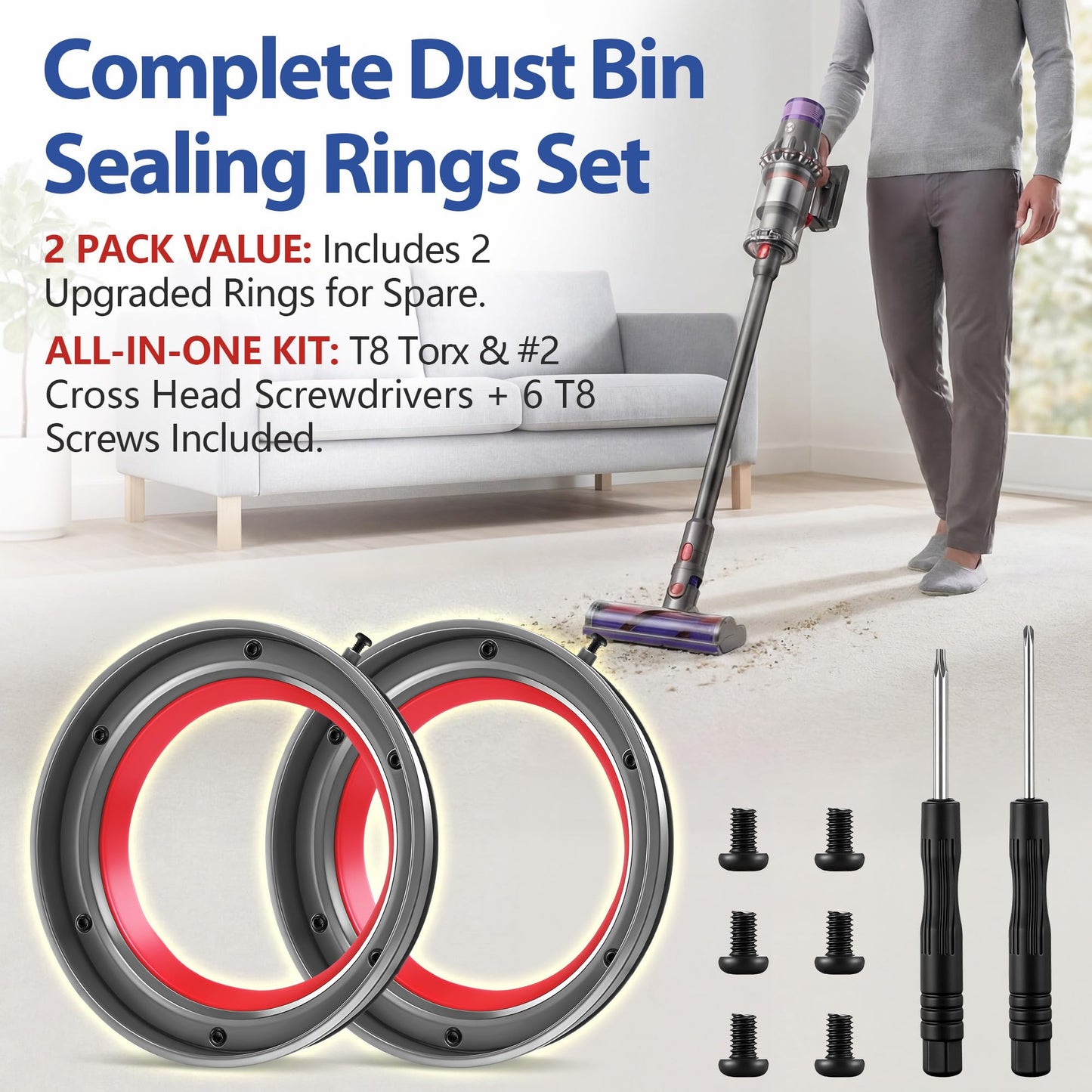 Saillong 2 Pack Upgraded Dust Bin Sealing Rings Compatible with Dyson V11 V15 Gen5 SV14 SV15 SV22, Bin Sealing Ring Assembly with Screwdrivers and Screws, Vacuum Cleaner Canister Replacement Parts