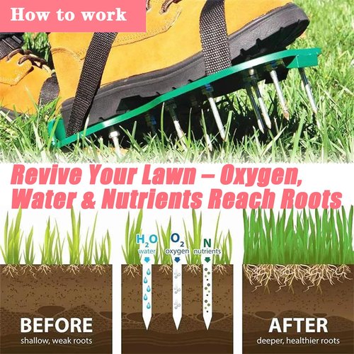 Lawn Aerator Shoes with Heavy-Duty Spikes - Adjustable Garden Aerating Shoes for Men & Women - Pre-Assembled Soil Aeration Tool for Grass, Patio, Yard, and Golf Course (Green-Upgraded Version)