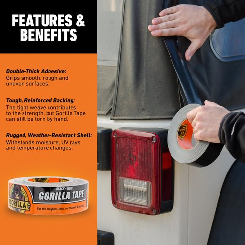 Gorilla Duct Tape, Black Tape, 1.88" x 50 yd (Pack of 1) - Heavy Duty and Weather Resistant for Indoor or Outdoor