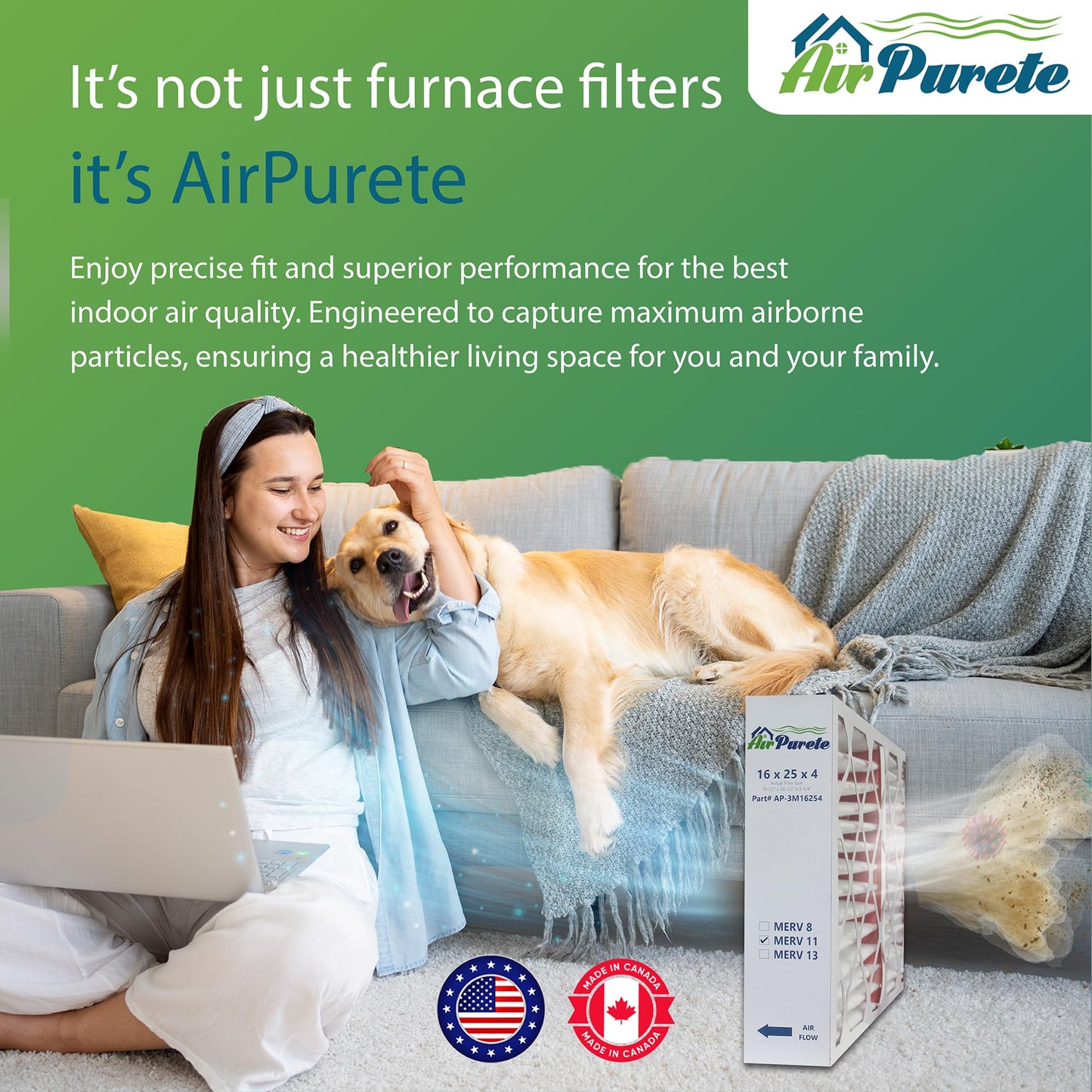 AirPurete 16x25x4 MERV 11 Air Filter, Pack of 2, Actual Size (15.50 x 24.50 x 3.75), Pleated HVAC Furnace Filter, Fits Lennox, Carrier, Bryant, Payne & Honeywell Devices