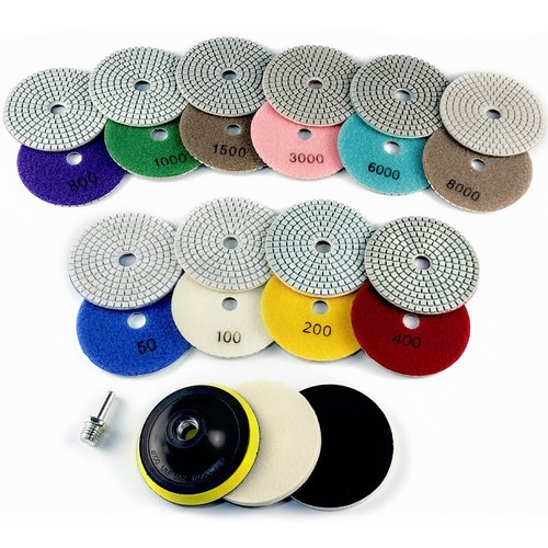Ceeintee 4 Inch Diamond Polishing Pads, 14 PCS 50-8000 Grit Wet/Dry Granite Stone Polish Pad Kit with 5/8’’-11 Backer Pad, Drill Adapter and Wool Disc for Granite Marble Concrete Stone Tile