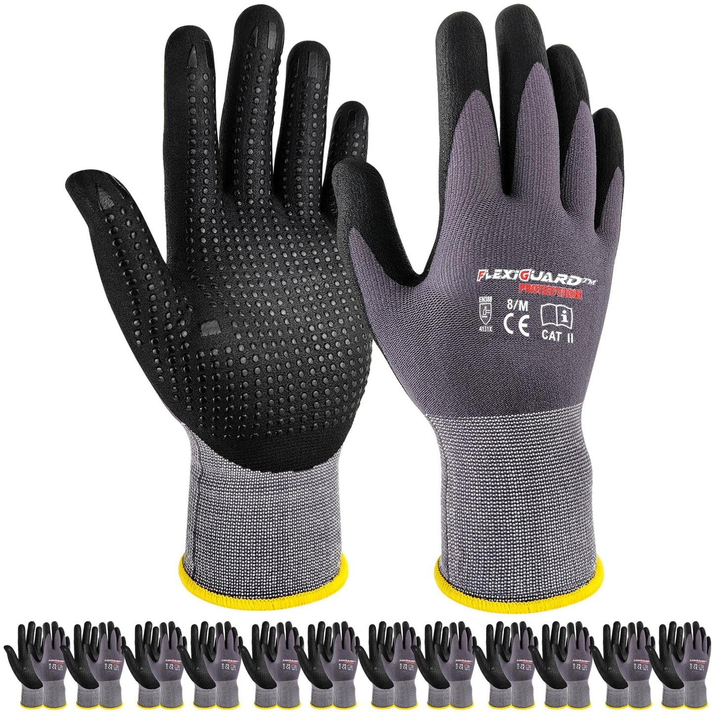 Gasoline Safety Work Gloves Extra Micro-Foam Nitrile Coated-12 Pairs,Endurance Seamless Knit Nylon Spandex,Dots on Palm, Dot Grip Gloves，Work Gloves Men and Women (12, M)