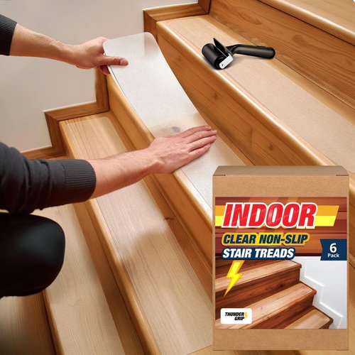 Clear Stair Treads Non-Slip 30"x8" - 6-Pack Indoor Stair Grips Non Slip for Wooden Steps - Anti Slip Adhesive Strips for Dogs & Elderly - Staircase Step Treads - Transparent Treads for Wood Stairs