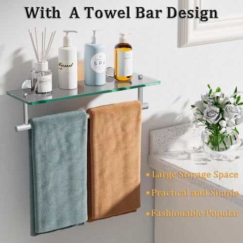 Alise Glass Shelves for Bathroom, 15.7 Inch Floating Glass Shelves for Wall,SUS304 Stainless Steel Floating Shelves for Bathroom, Toilet Room Decoration Brushed Finish GDL400BAR-LS
