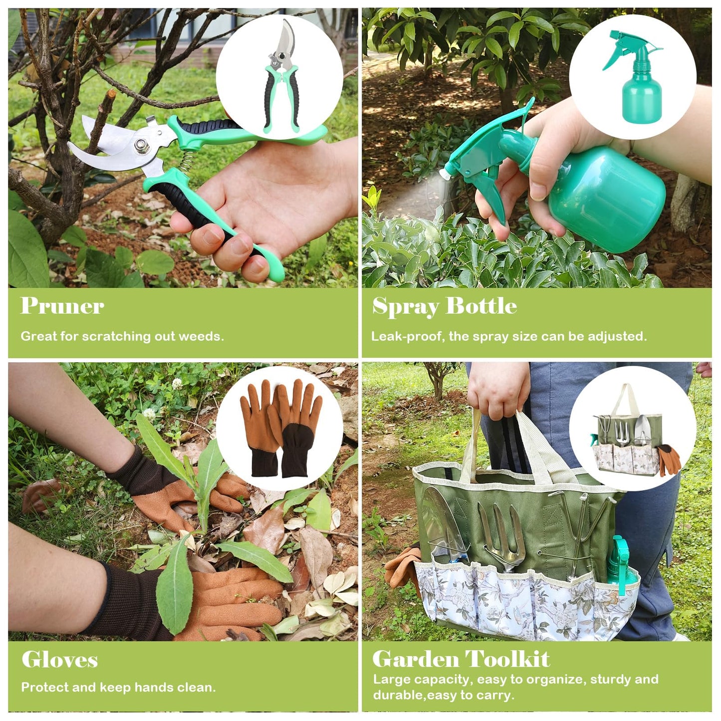 Heavy Duty Gardening Tools, 9 Pieces Garden Tool Set, Stainless Steel Rust Proof Non-Slip Garden Hand Tools with Fashion and Durable Storage Bag, Ideal Gardening Gifts for Women Men Mom