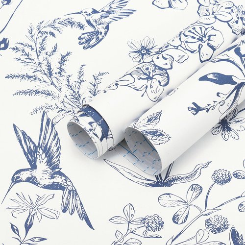 Safiyya Peel and Stick Wallpaper Blue and White Contact Paper Floral Birds Wall Paper Modern Boho Removable Self Adhesive Wallpaper Vinyl Rolls 118"x17.3"