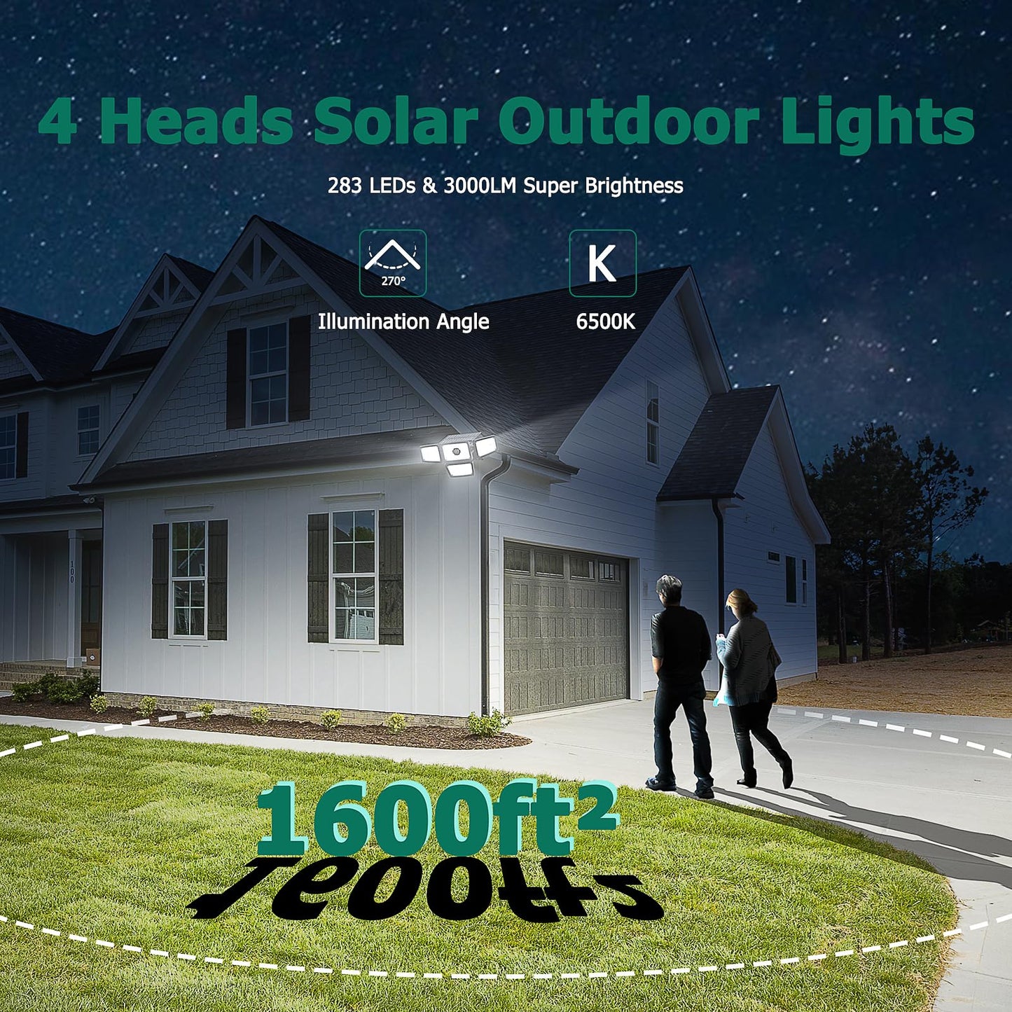 omibee 3000LM Solar Lights Outdoor, 4 Adjustable Heads Solar Motion Sensor Lights with 283 LED, IP65 Waterproof Security Wall Lights, Remote Control Flood Lights for Graden, Outside, Backyard 2 Pack