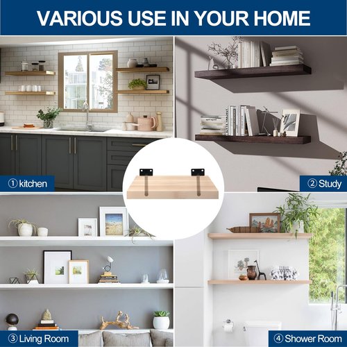 8 Pcs 6" Black Solid Steel Floating Shelf Bracket Blind Shelf Supports - Hidden Brackets for Floating Wood Shelves - Concealed Blind Shelf Support – Screws and Wall Plugs Included
