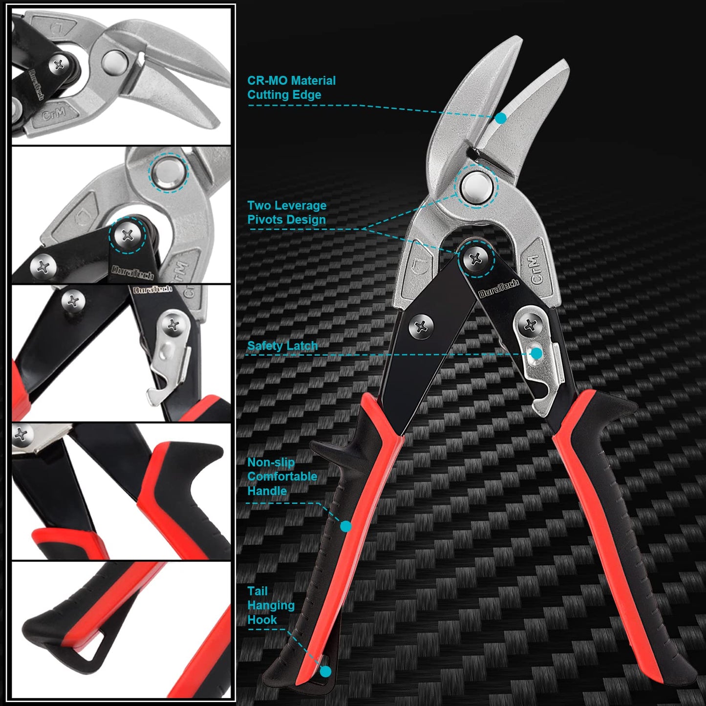 DURATECH 10 Inch Aviation Tin Snips Set, Left and Right Cut, Cr-Mo Steel Blade, Ergonomical Handle with Hang Hole and Safety Latch, for Cut Sheet Metal