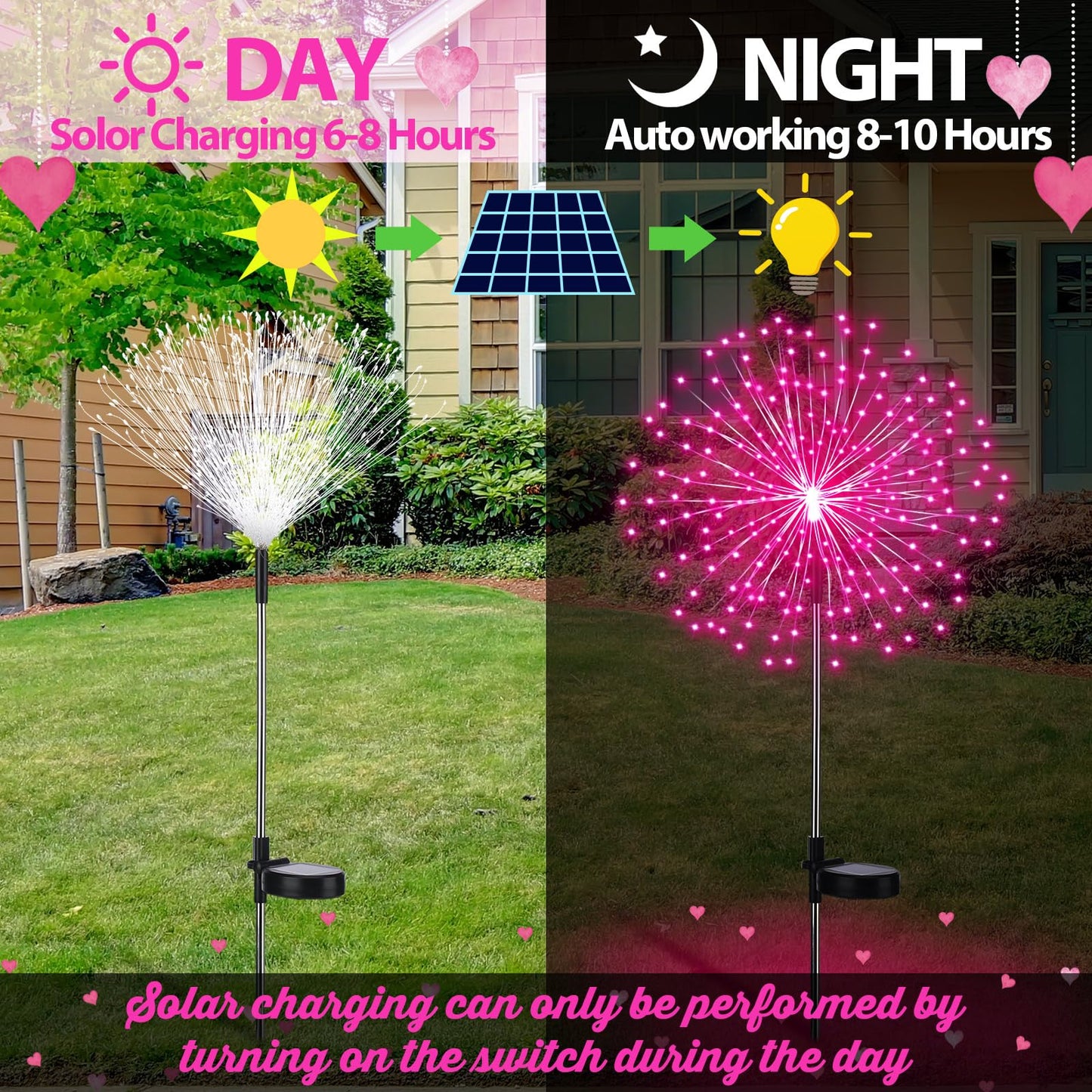 Tujoe 6 Pack Pink Solar Firework Lights 180 LED 8 Lighting Modes Waterproof Outdoor Decorative Solar Lights for Wedding Valentine Birthday Garden Patio Yard Pathway Walkway Lawn Decor