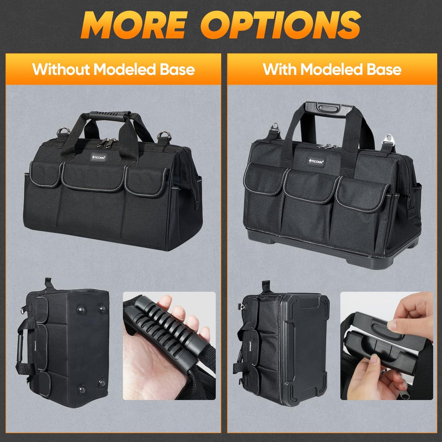 TICONN Heavy Duty Tool Bag with Multi-Pockets, Portable Tool Box Organizer Storage Bag, with Adjustable Shoulder Strap and Ergonomic Handle (Black, 16" Molded Base)