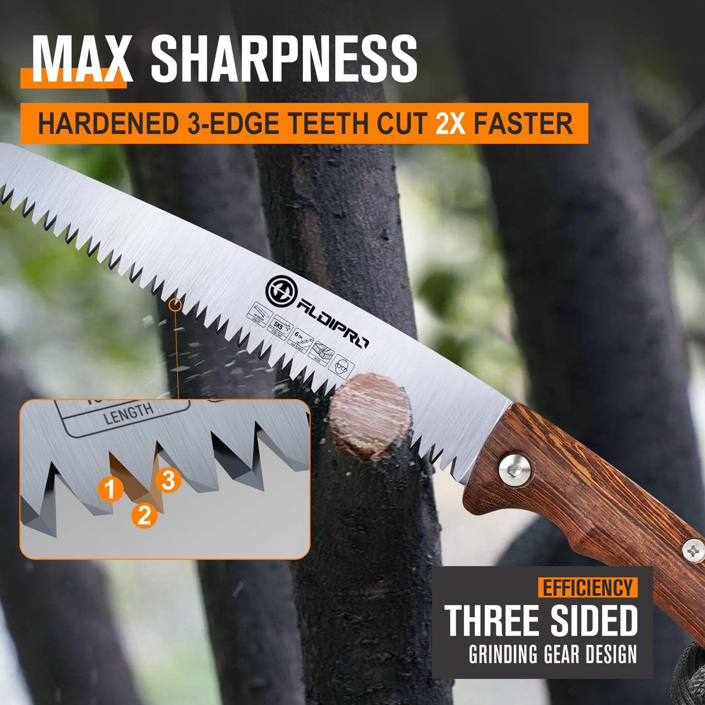 ALDIPRO 7" Folding Hand Saw with Genuine Wenge Wood Handle & Premium Brown Leather Sheath, Heavy Duty SK5 High Carbon Steel Pruning Saw for Bushcraft, Survival Gear, Camping & Tree Trimming, Gift