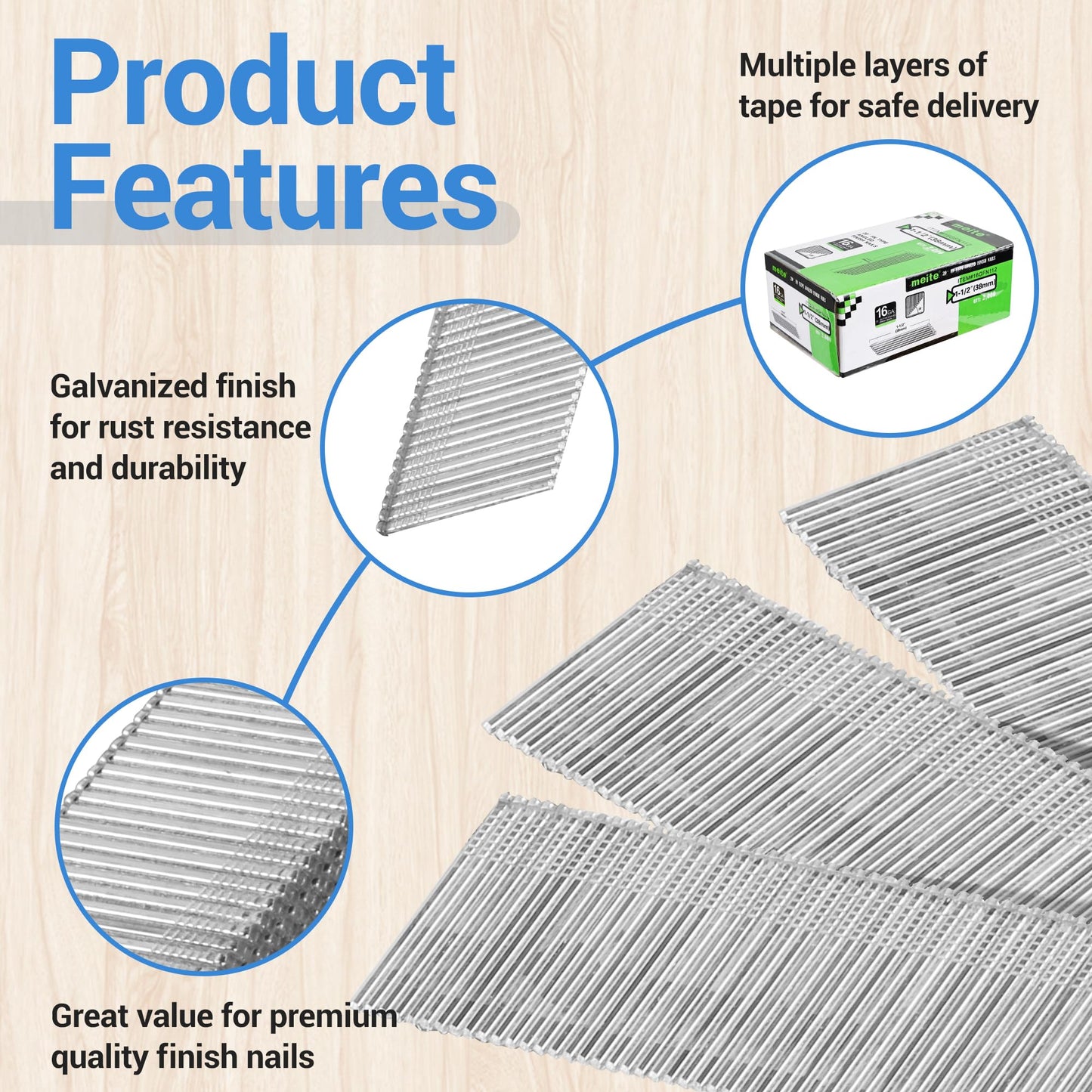 meite 16 Gauge 20 Degree Angled Finish Nails 1-1/2 Inch Galvanized Rust-Proof Finishing Nails for Electric or Pneumatic Finish Nailer - Cabinet Crown Baseboard Trim & Molding (2,000 PCS)