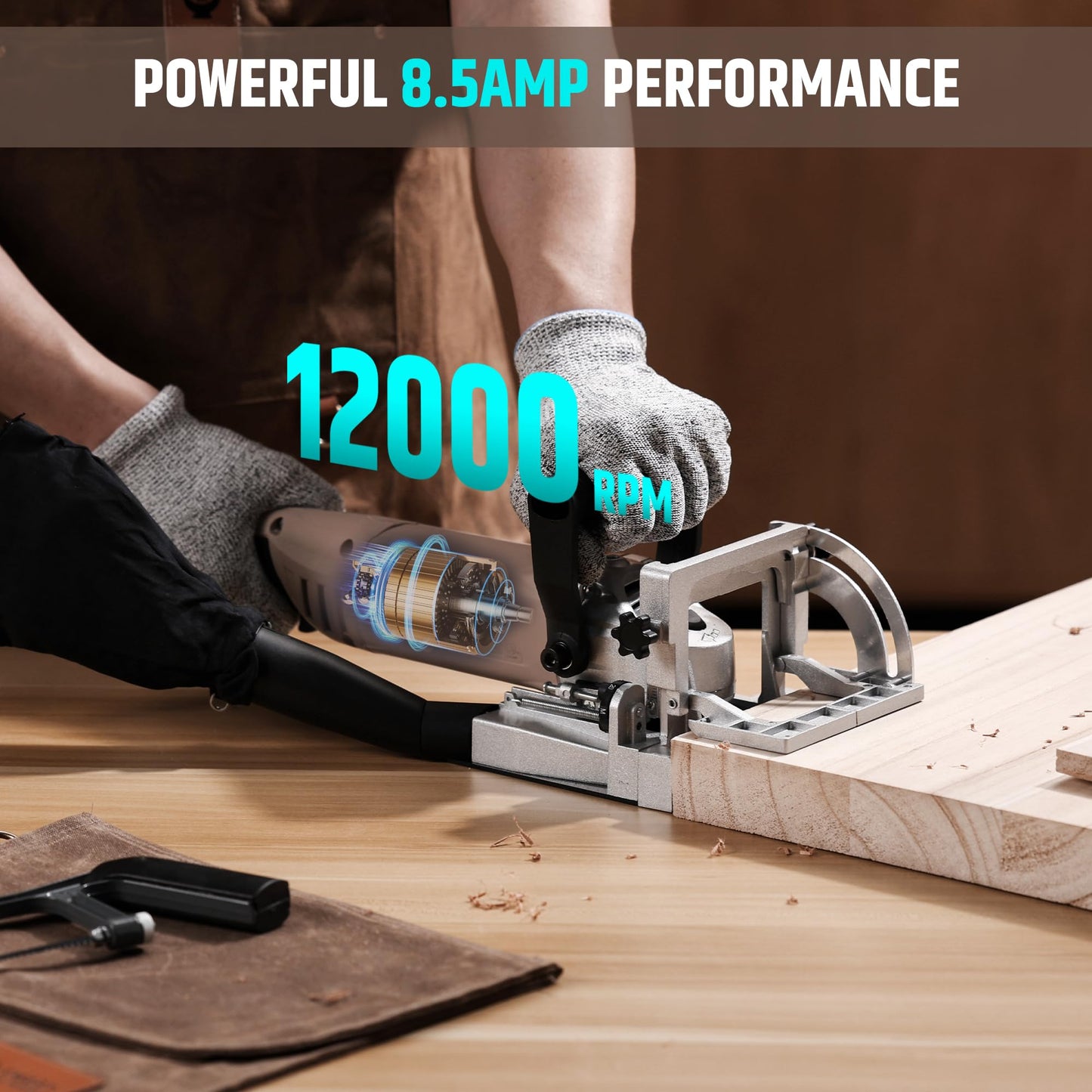 WOODSTARTER Biscuit Cutter Plate Joiner with 8.5Amp12000RPM Motor, Biscuit joiner Tool with Dust Bag & 100 Biscuits, Adjustable Angle & Depth, Ideal for Wood Joinery, Furniture Making