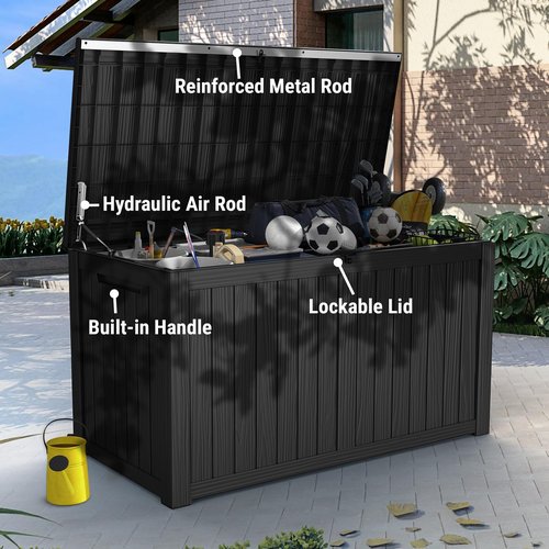 Mars Villa 180 Gallon Outdoor Storage Box Waterproof, Extra Large Resin Deck Box, Outside Storage Bin for Patio Furniture Cushions, Pool Supplies, Sports Gear, UV Resistant and Weatherproof, Black