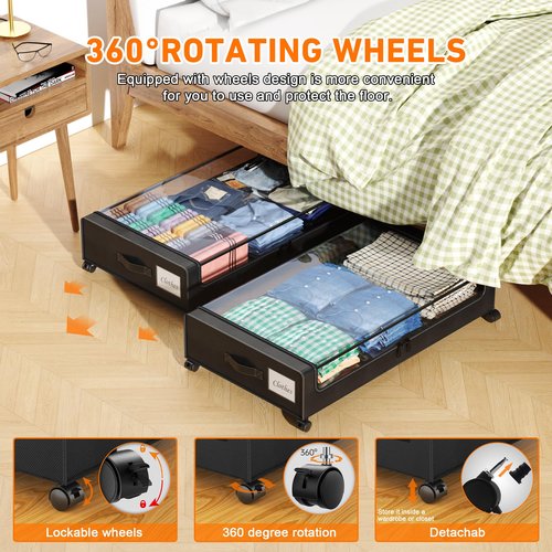 Under Bed Storage with Wheels, 1 Pack Under Bed Storage Containers with Clear Lids,Under the bed storage Organizer Bins, Rolling Under Bed Metal Drawer for Clothes,Shoes,Toys (Dark Black)