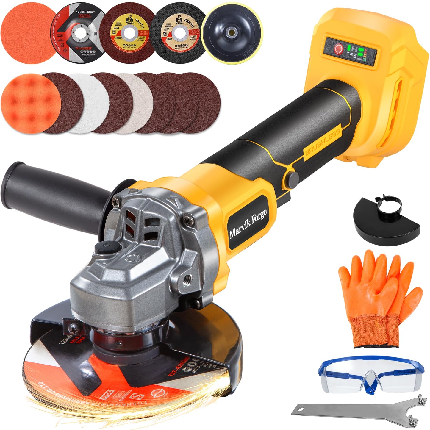 Marvik Forge Cordless Angle Grinder Compatible with 20V Max Dewalt Battery(No Battery), Brushless Motor, with Car Polishing Accessories, 4-1/2"Cutting and Grinding Disc, Variable Speed, Lock-On Switch